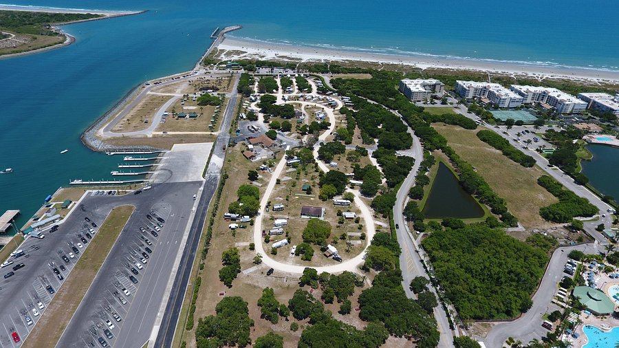 Aerial view of the Jetty Park campground and marina
